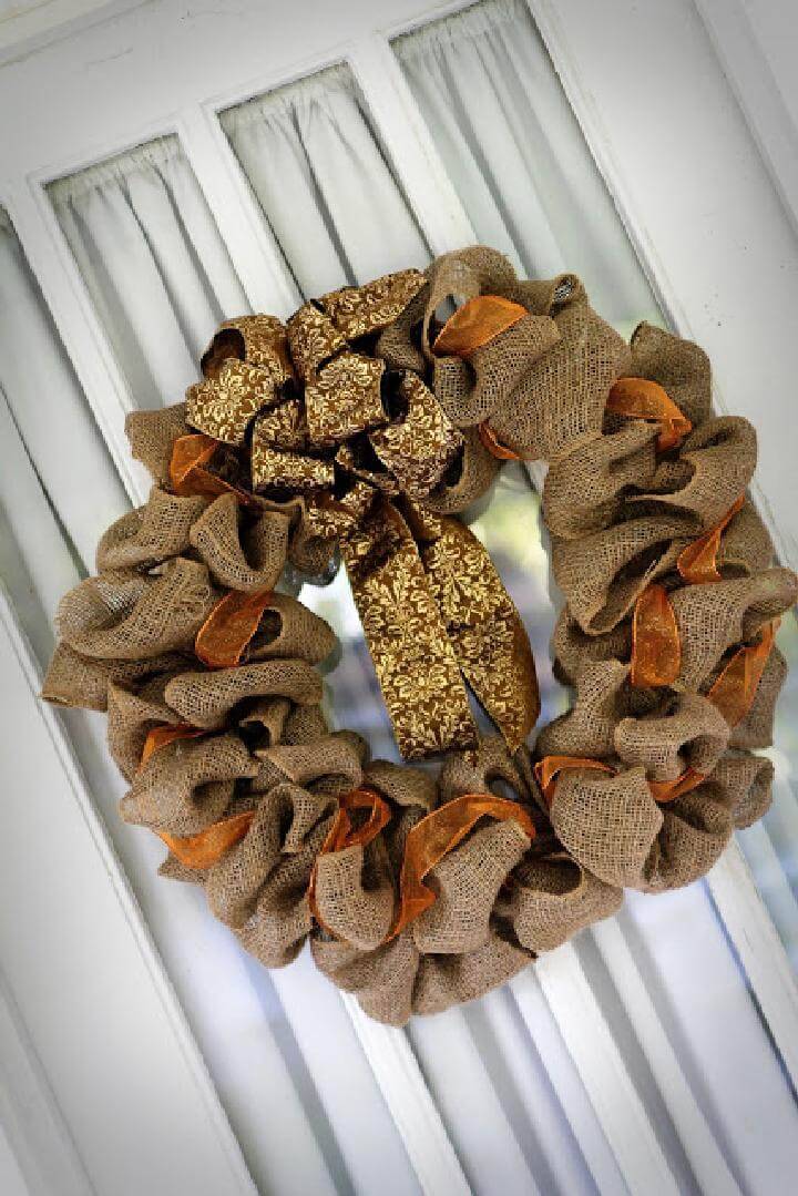 DIY Burlap Fall Wreath with Gold Sash