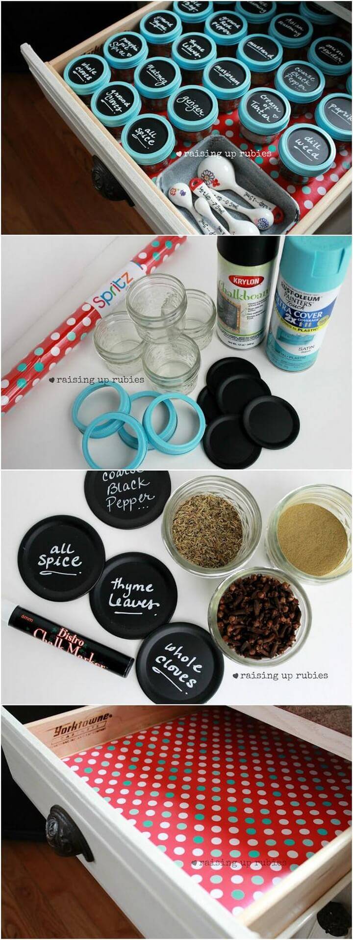 DIY Chalkboard Mason Jar Spices in a Drawer