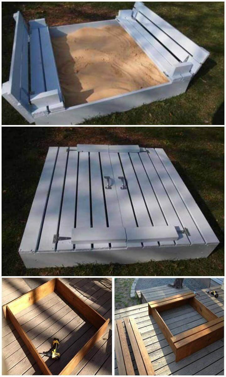 DIY Homemade Kids Wooden Sandbox with Attached Seats