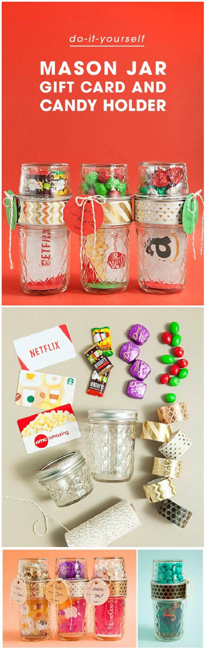 DIY Homemade Mason Jar Gift Card and Candy Holders