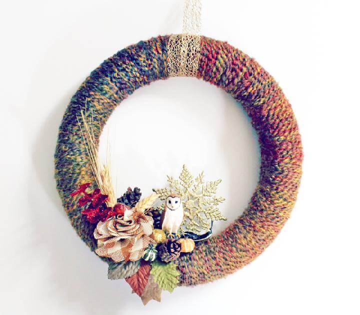DIY Yarn Fall Wreath with Flower Accents