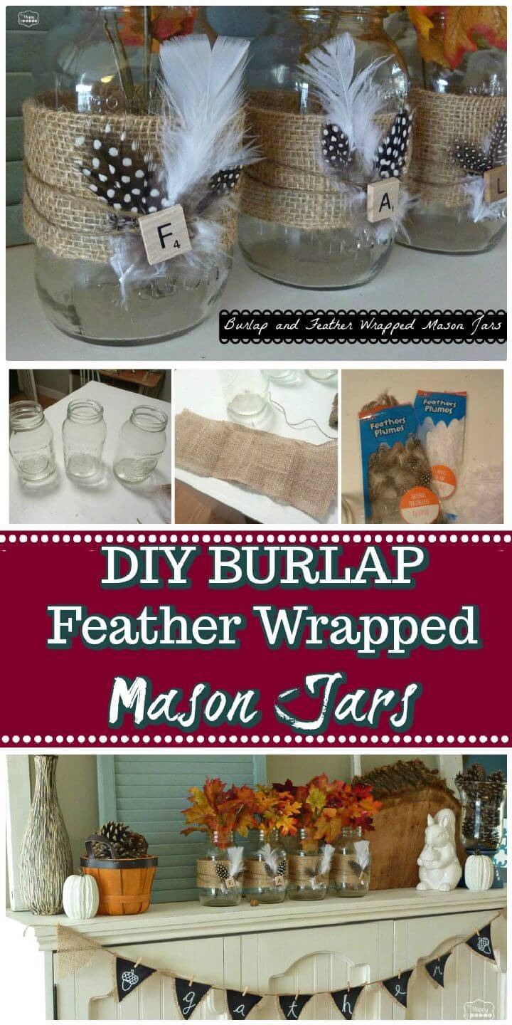 DIY Burlap & Feather Wrapped Mason Jars