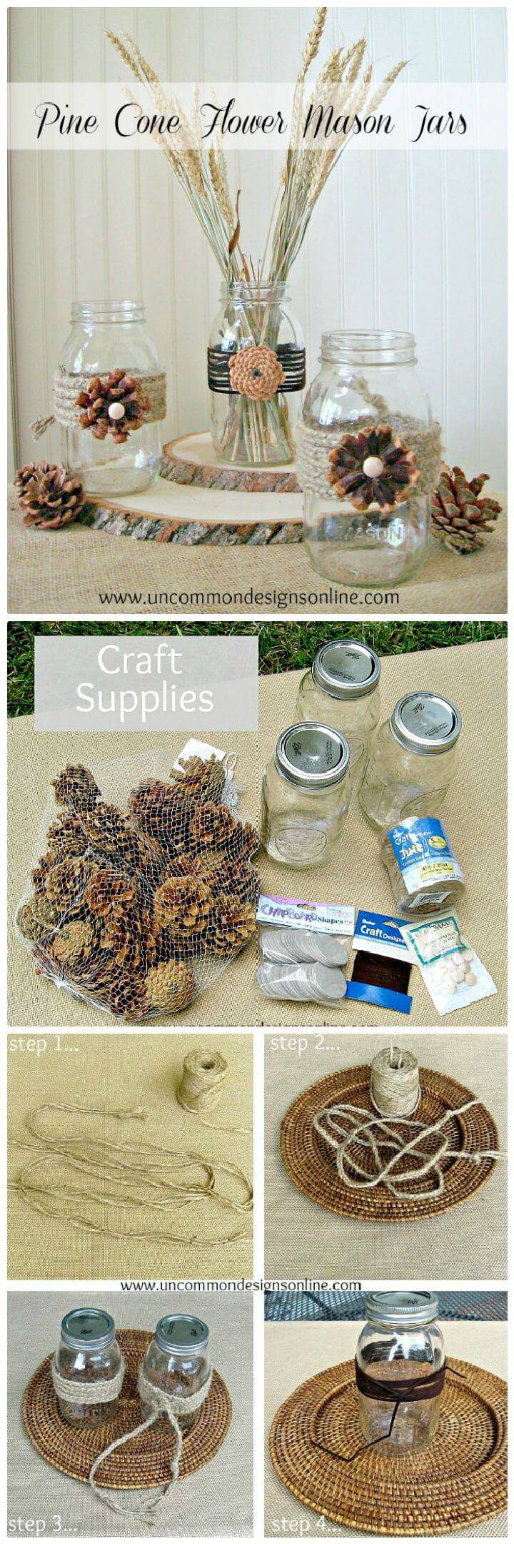 DIY Pine Cone Flower Embellished Mason Jars
