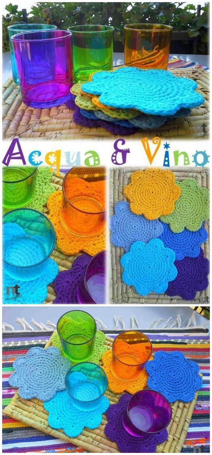 DIY Acqua & Vino Crochet Coasters, Free crochet coaster patterns with easy tutorials! How to crochet a coaster for beginners!