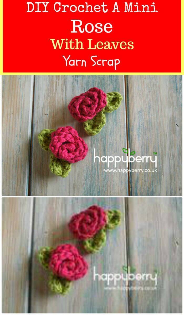 DIY Crochet A Mini Rose With Leaves - Yarn Scrap, Free fast easy crochet patterns for beautiful flowers!