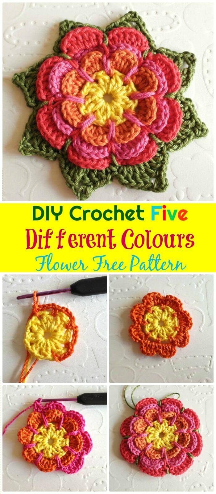 DIY Crochet Five Different Colours Flower Free Pattern, Easy crochet flowers for beginners with free patterns! Easy and quick crochet flowers patterns with free guides!