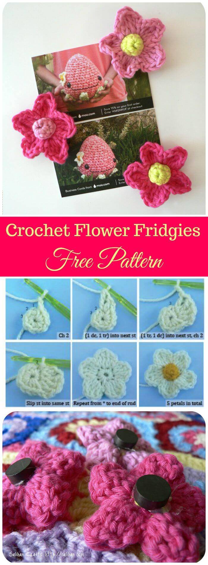 DIY Crochet Flower Fridgies Free Pattern, Free fast easy crochet patterns for beautiful flowers!