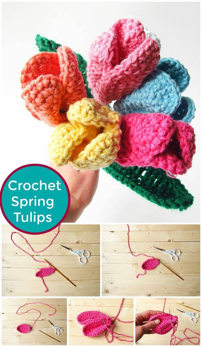 DIY Crochet Spring Tulips Free Pattern, Easy crochet flowers for beginners with free patterns! Easy and quick crochet flowers patterns with free guides!