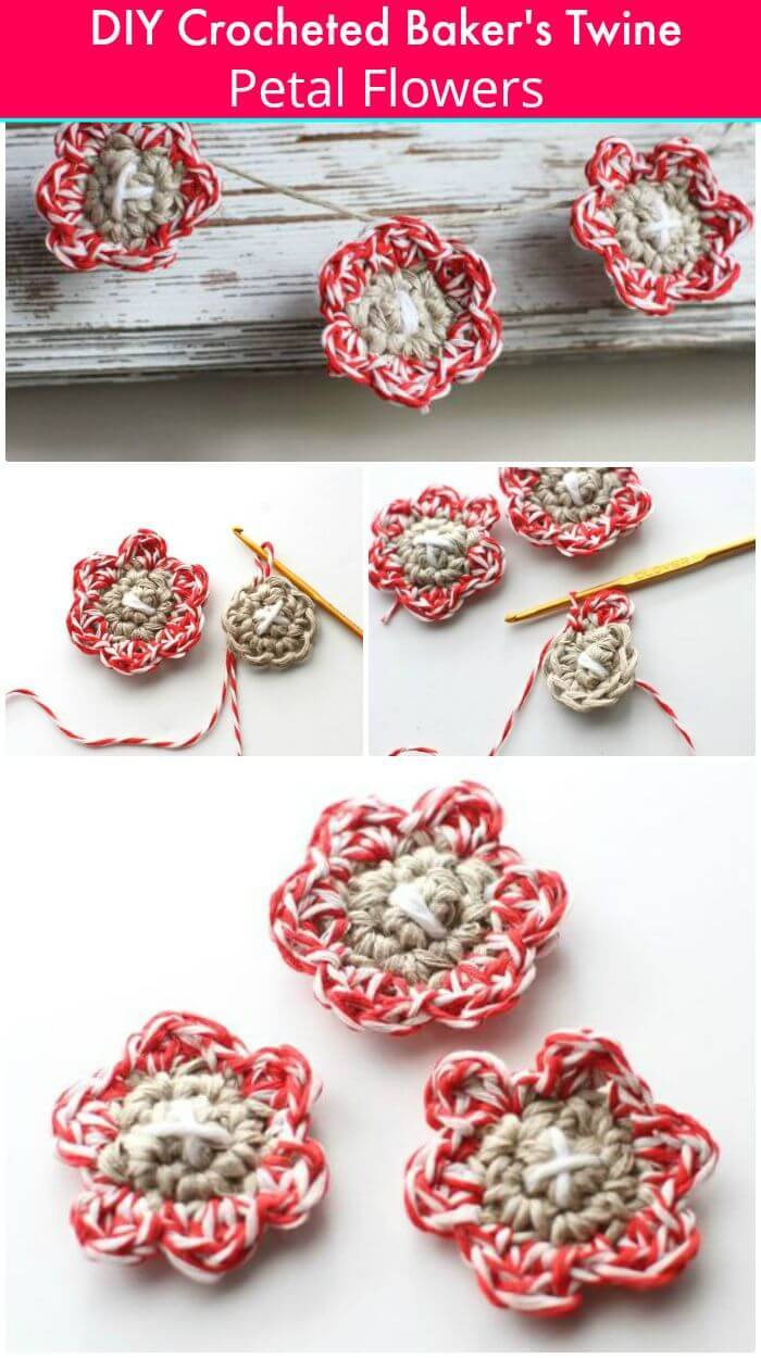 DIY Crocheted Baker's Twine Petal Flowers Tutorial and Pattern, Free crochet flower patterns for crochet lovers!