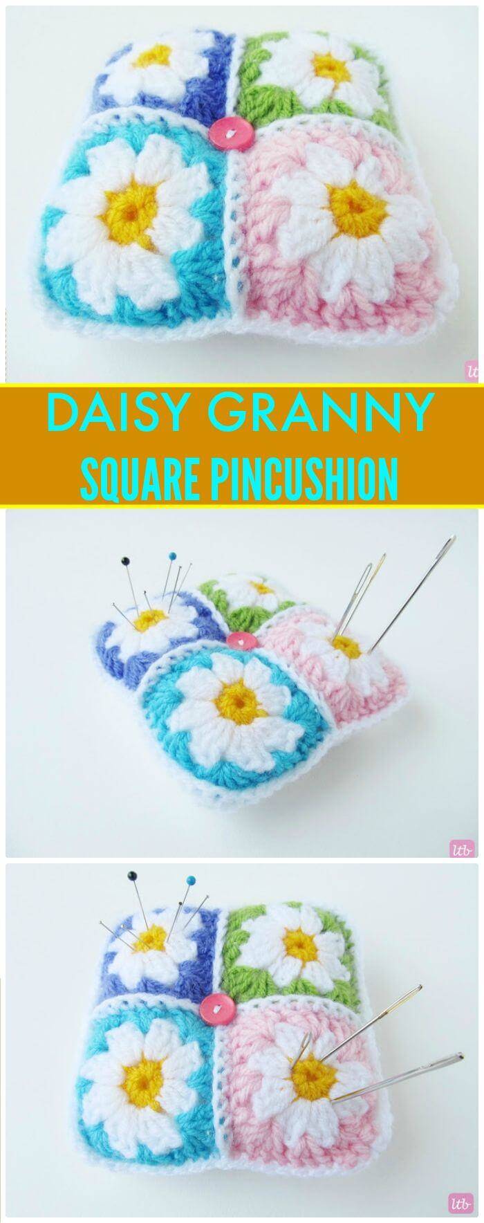 DIY Daisy Granny Square Pincushion, Free crochet flower patterns for hats! DIY crochet flower tutorials!