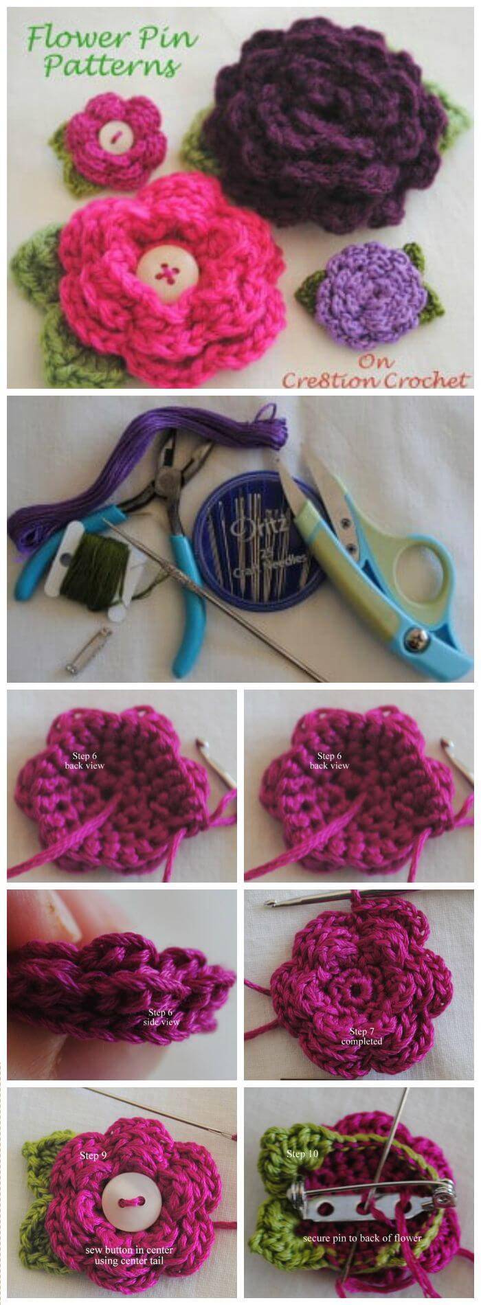 DIY Flower Pin Free Crochet Pattern, Easy crochet flowers for beginners with free patterns! Easy and quick crochet flowers patterns with free guides!