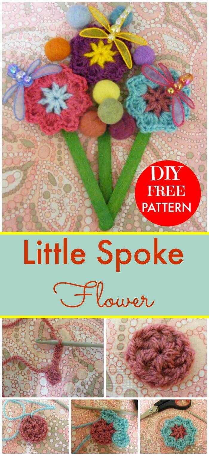 DIY Free Crochet Pattern Little Spoke Flower, Free crochet flower patterns for hats! DIY crochet flower tutorials!