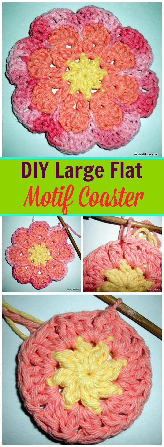 DIY Large Flat Flower Motif Coaster-Free Crochet Pattern, Free crochet flower patterns for crochet lovers! DIY projects about how to crochet flowers!