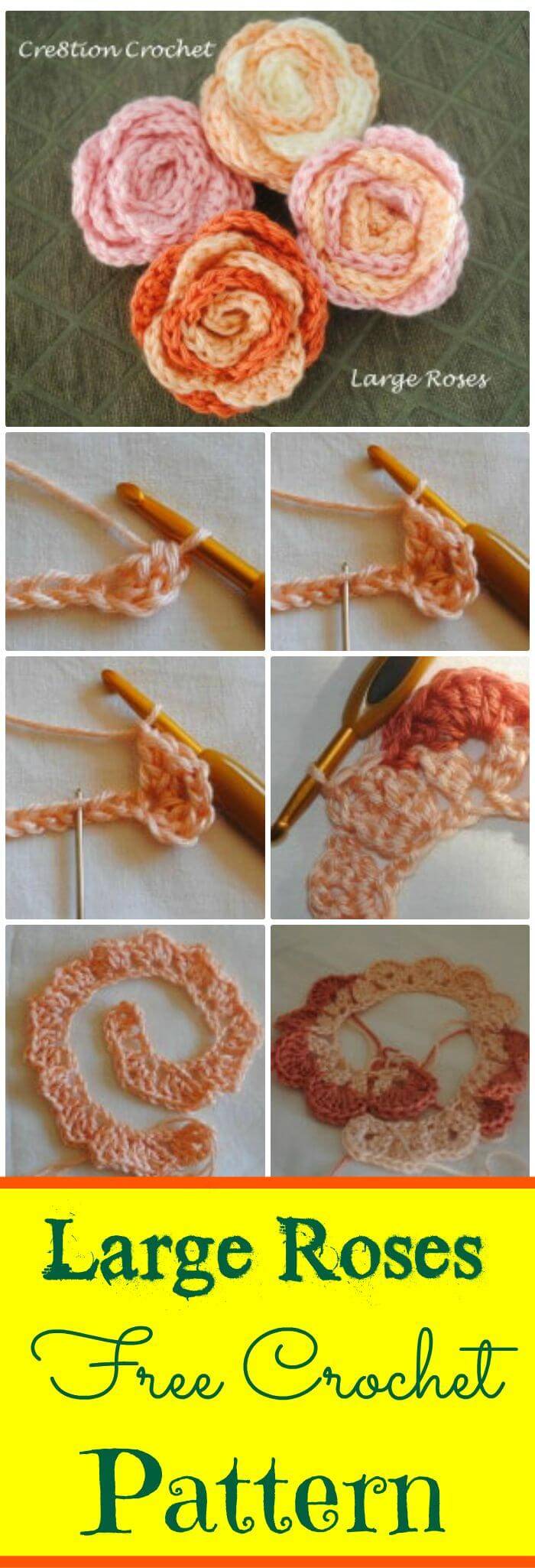DIY Large Roses Free Crochet Pattern, Easy crochet flower tutorials step-by-step! Easy crochet flower patterns!