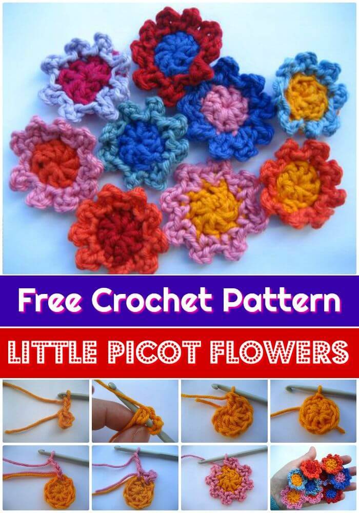 DIY Little Picot Flowers Free Crochet Pattern, Free crochet flower patterns for hats! DIY crochet flower tutorials!