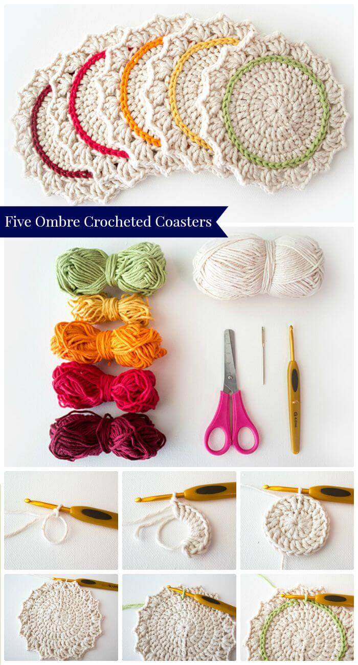 DIY Make A Set Of Five Ombre Crocheted Coasters, crochet coasters tutorials! Crochet coaster patterns for beginners!
