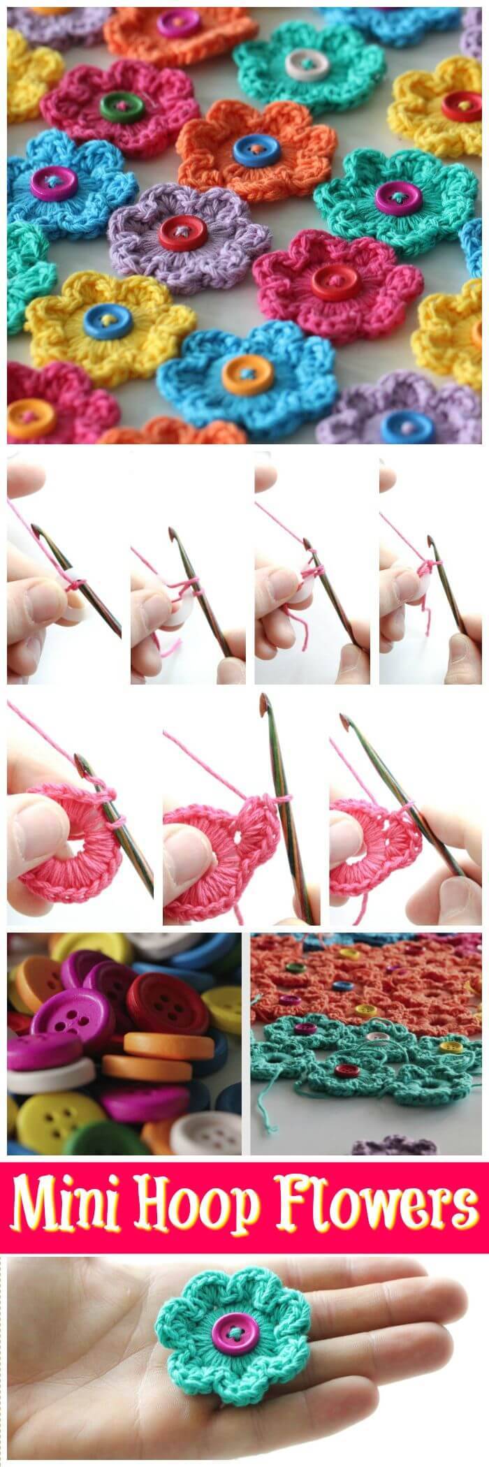 DIY Mini Hoop Flowers Free Crochet Pattern, Free crochet flower patterns for crochet lovers! DIY projects about how to crochet flowers!
