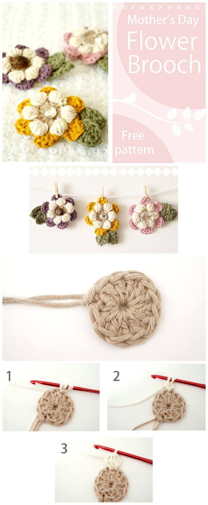 DIY Mother's Day Flower Brooch-Free Crochet Pattern, Crochet flowers with step-by-step instructions!