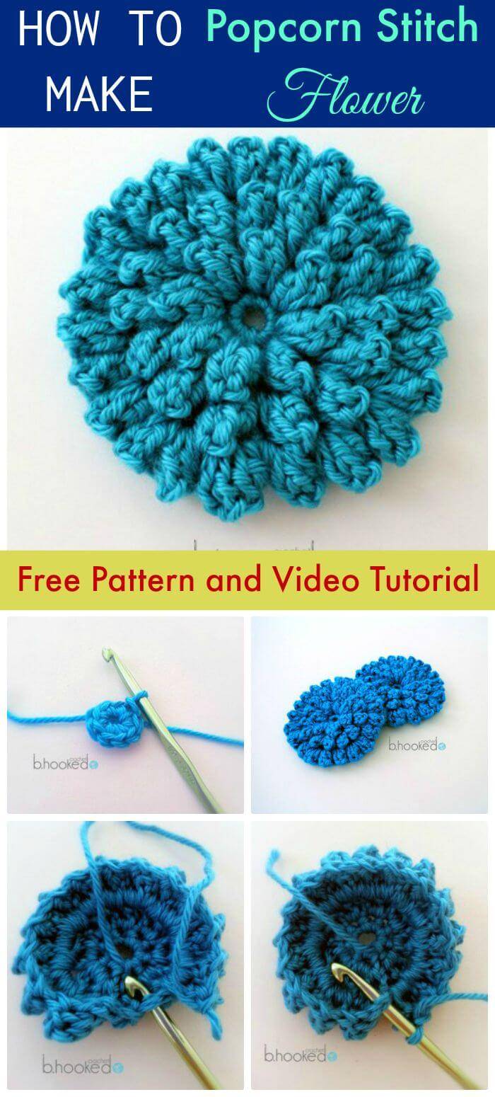 DIY Popcorn Stitch Flower - Free Pattern and Video Tutorial, Easy crochet flowers for beginners with free patterns!