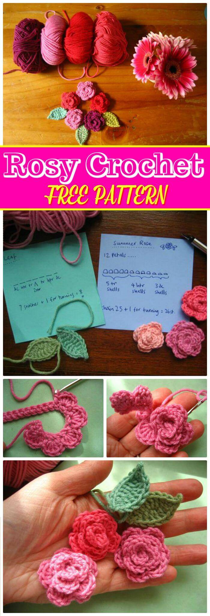 DIY Rosy Crochet Free Pattern, Easy to crochet flowers with free patterns! Crochet flowers with step-by-step instructions!