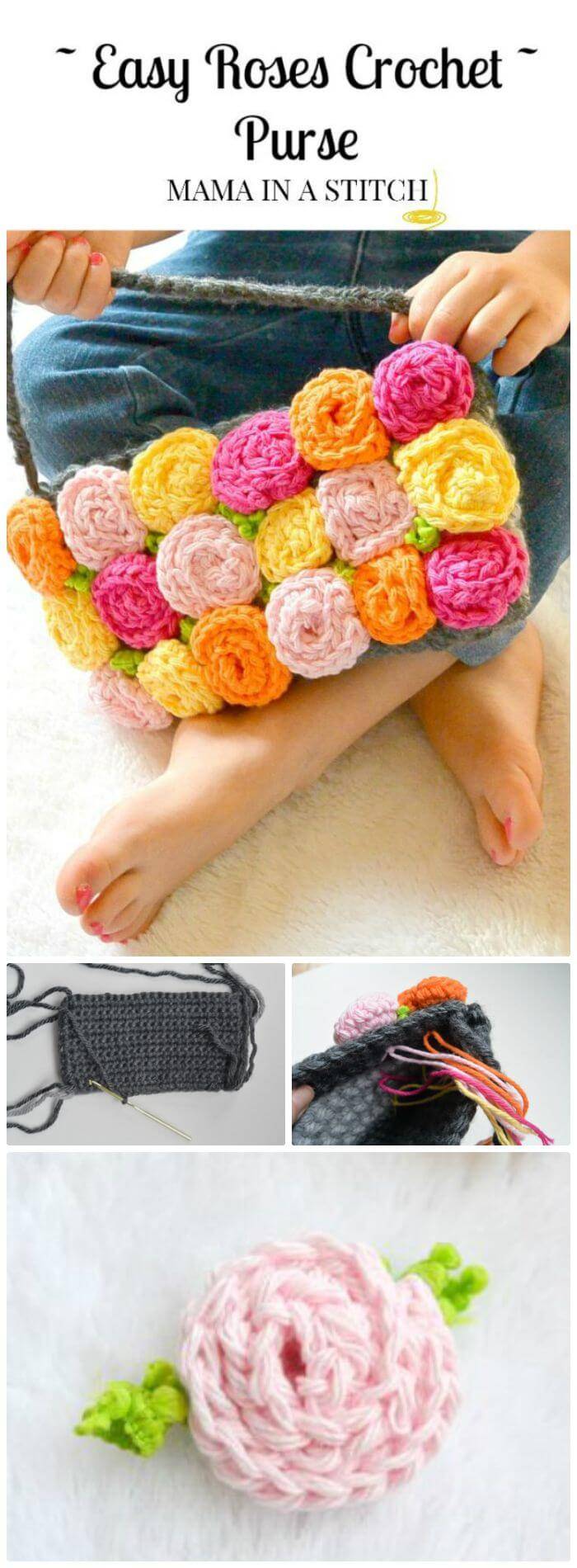 DIY Simple Roses Crochet Purse, Super easy and free crochet flower patterns! Easy crochet flower tutorials for beginners!