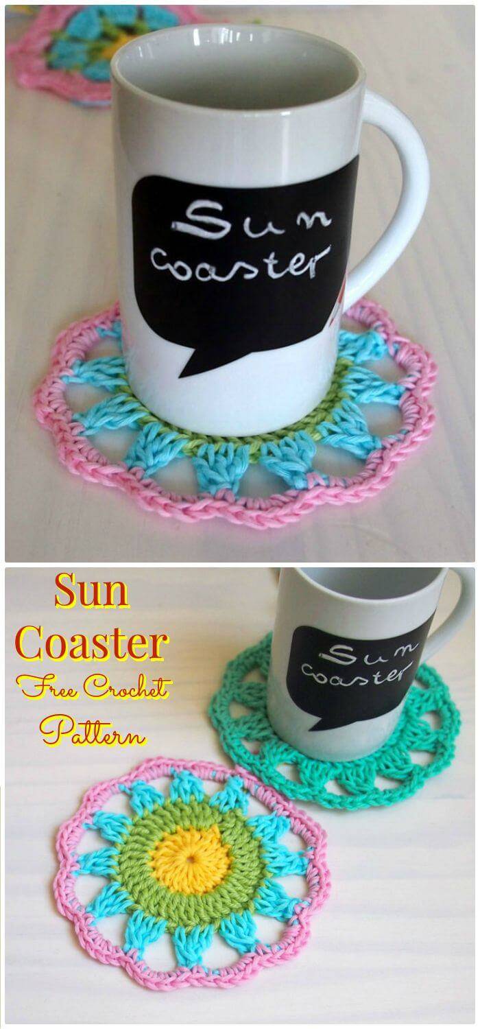 DIY Sun Coaster Free Crochet Pattern, Beautiful Free Crochet coaster patterns for beginners! Crochet coaster patterns for beginners!