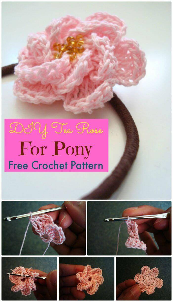 DIY Tea Rose For Pony-Free Crochet Pattern, Free fast easy crochet patterns for beautiful flowers! Crochet free flower patterns!