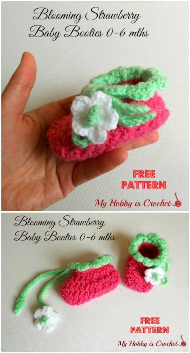 Free Crochet Blooming Strawberry Crochet Baby Booties 0-6 Months Pattern