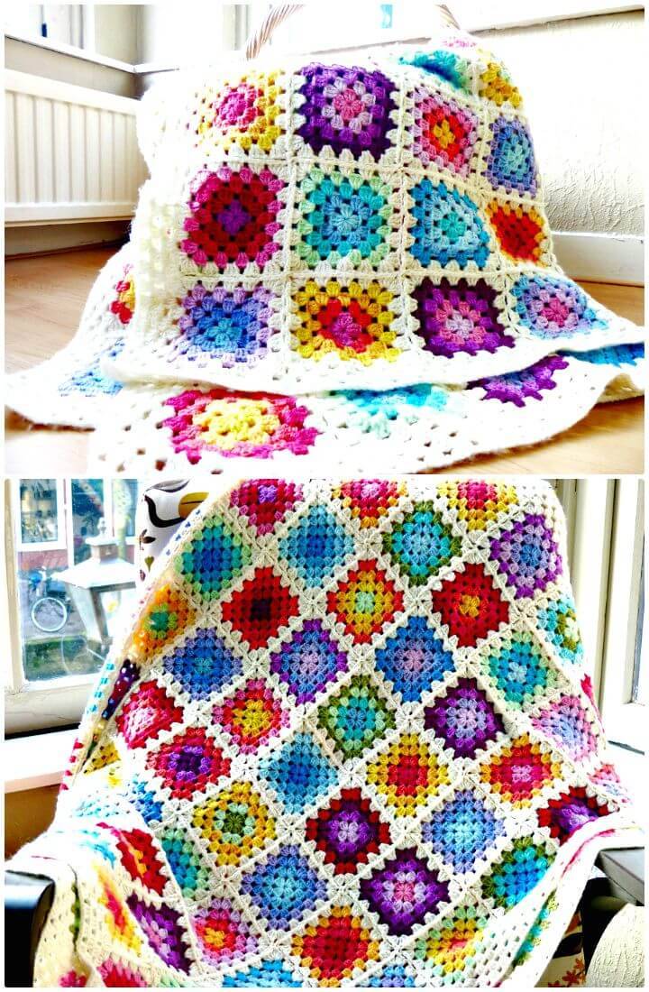 Free Crochet Colorful Rainbow Granny Square Blanket Pattern
