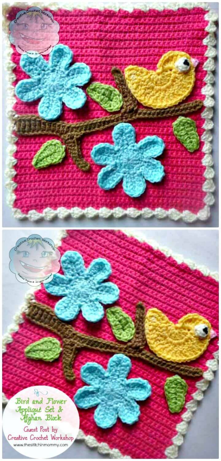 How to Free Crochet Bird And Flower Applique Set & Afghan Block