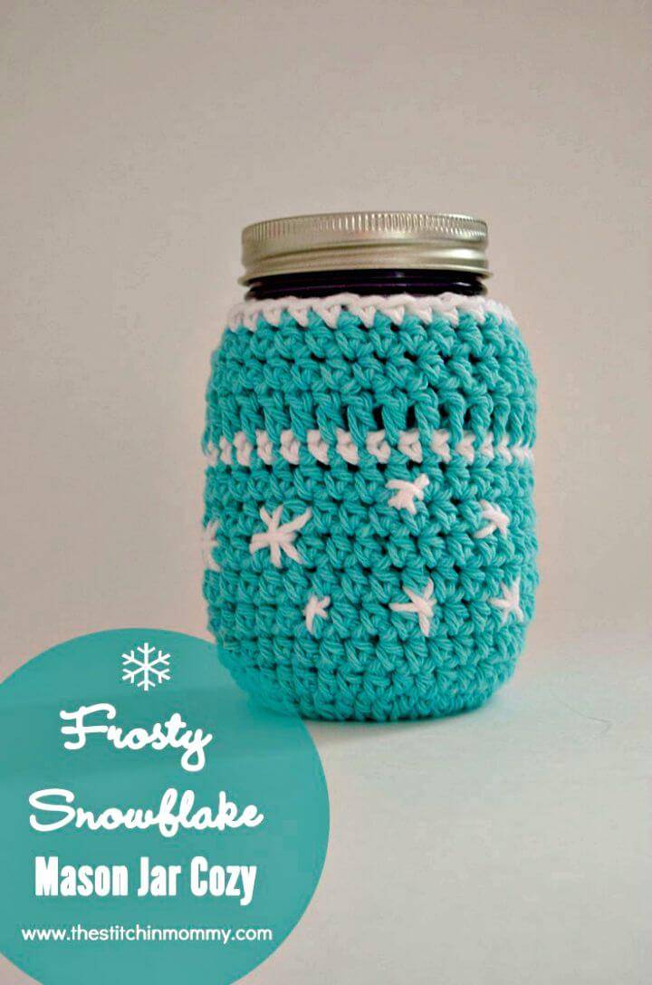 Crochet Frosty Snowflake Mason Jar Cozy - Free Pattern: