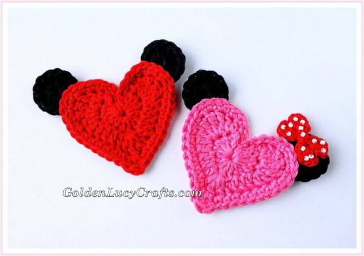 Free Crochet Mickey And Minnie Heart Appliques Pattern