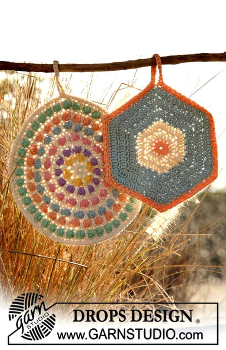 Crochet Pot Holders 1 Round With Bobbles And 1 Hexagon Pot Holder