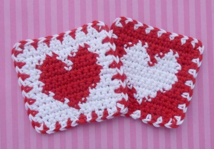 Easy Crochet Red And White Heart Coaster - Free Pattern