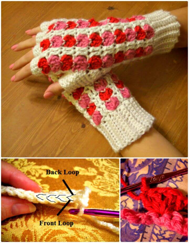 Free Crochet Valentine Scrap Heart Finger Less Gloves Pattern