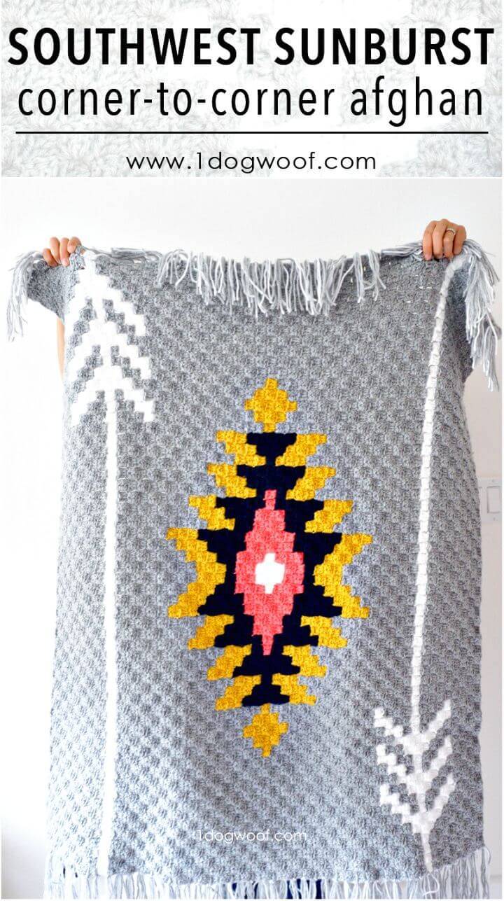 Easy Crochet Southwest Sunburst C2C Crochet Afghan Blanket - Free Pattern