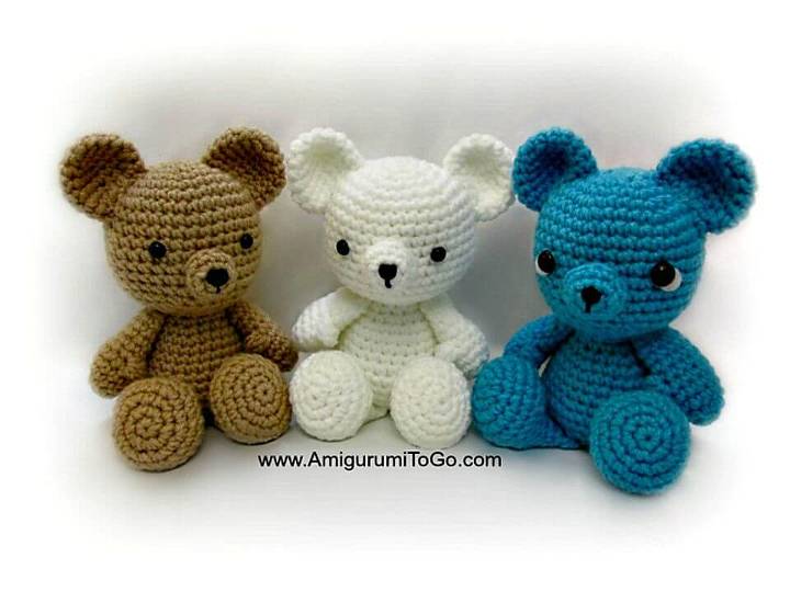 Free Crochet Three Multi - Color Teddy Bears Pattern