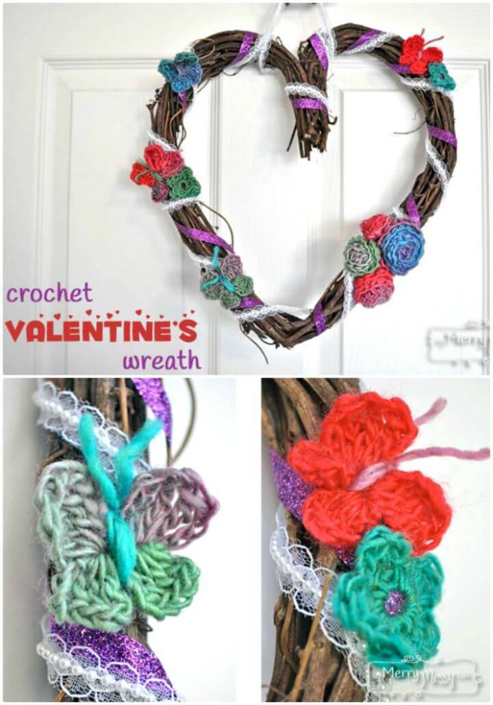 Easy Free Crochet And Ribbon Valentine’s Wreath Craft