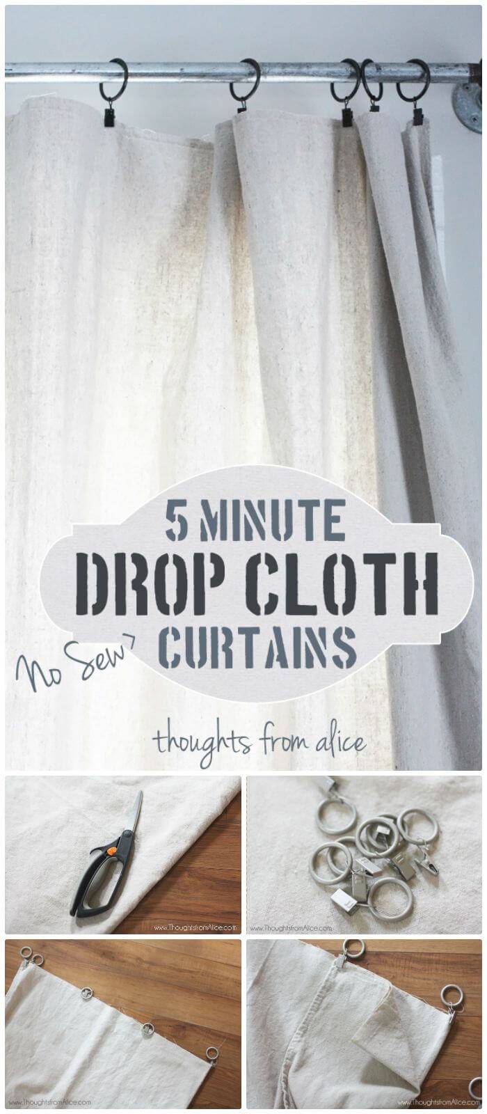 DIY Dollar Storage No Sew Drop Cloth Curtains