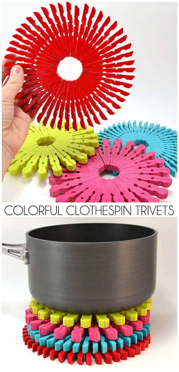 DIY Dollar Store Colorful Clothespin Trivets