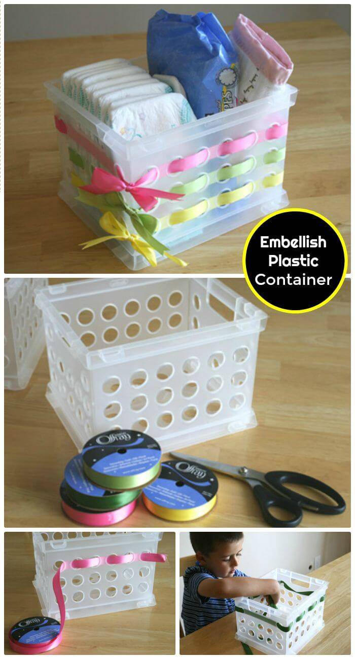 DIY Embellish A Plastic Container With Ribbon