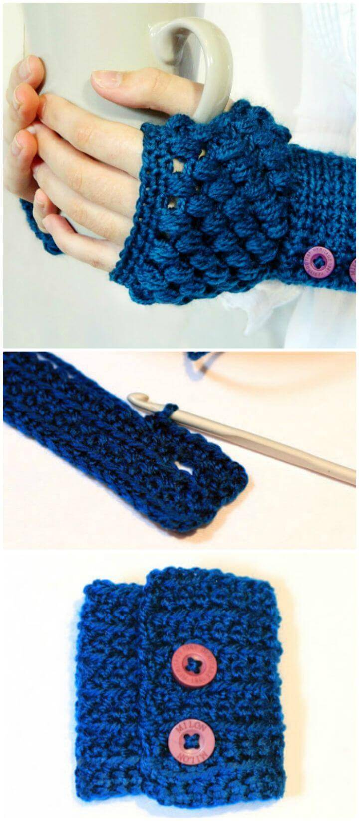 Free Crochet Puff Stitch Fingerless Gloves Pattern