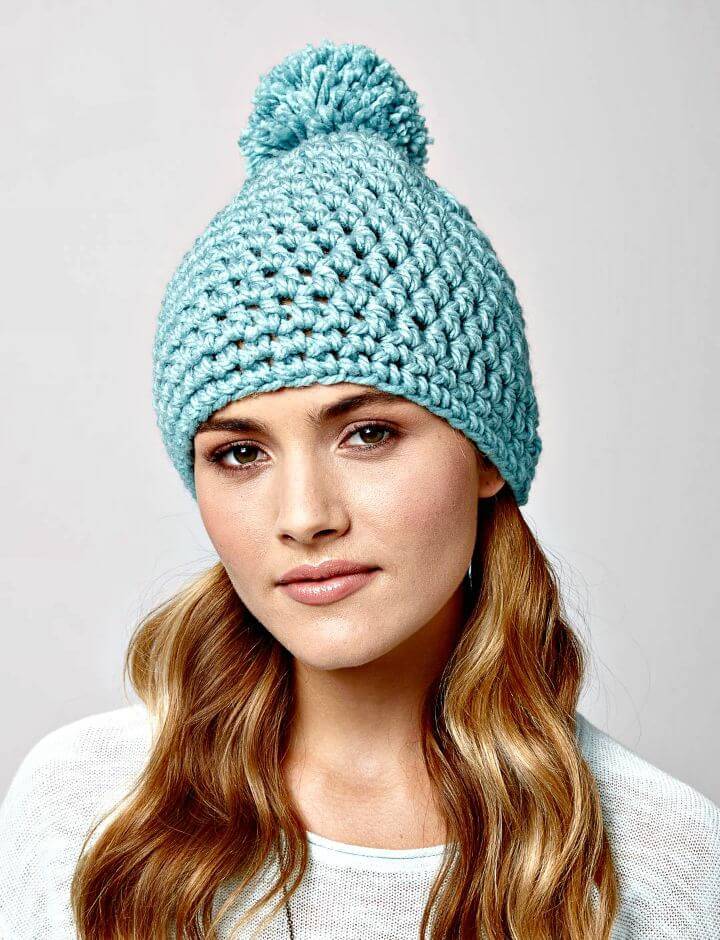 How To Easy Free Crochet Bernat Quick Pompom Hat Pattern