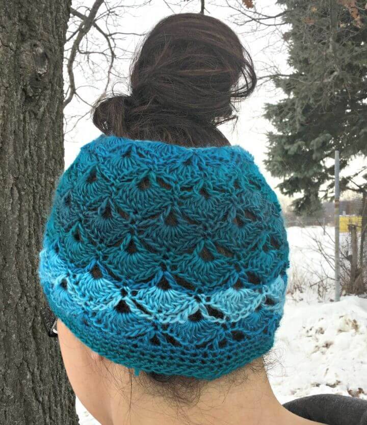 Free Crochet Shell Stitch Messy Bun Hat