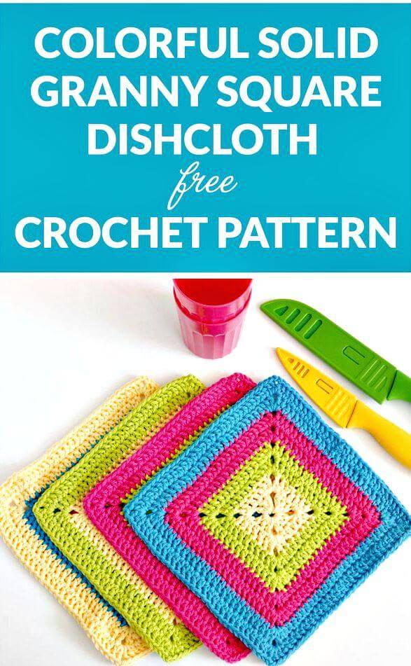 Crochet Colorful Solid Granny Square Dishcloth - Free Pattern