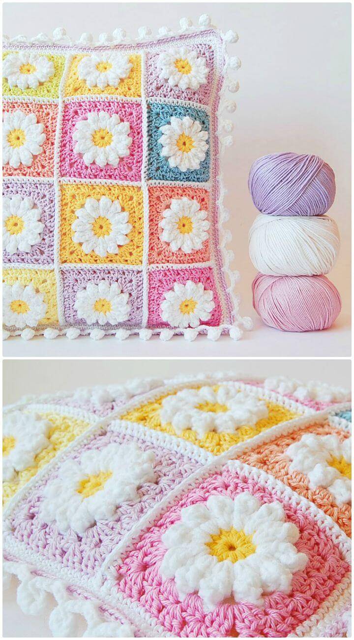Easy Free Crochet Daisy Granny Square Pillow Pattern