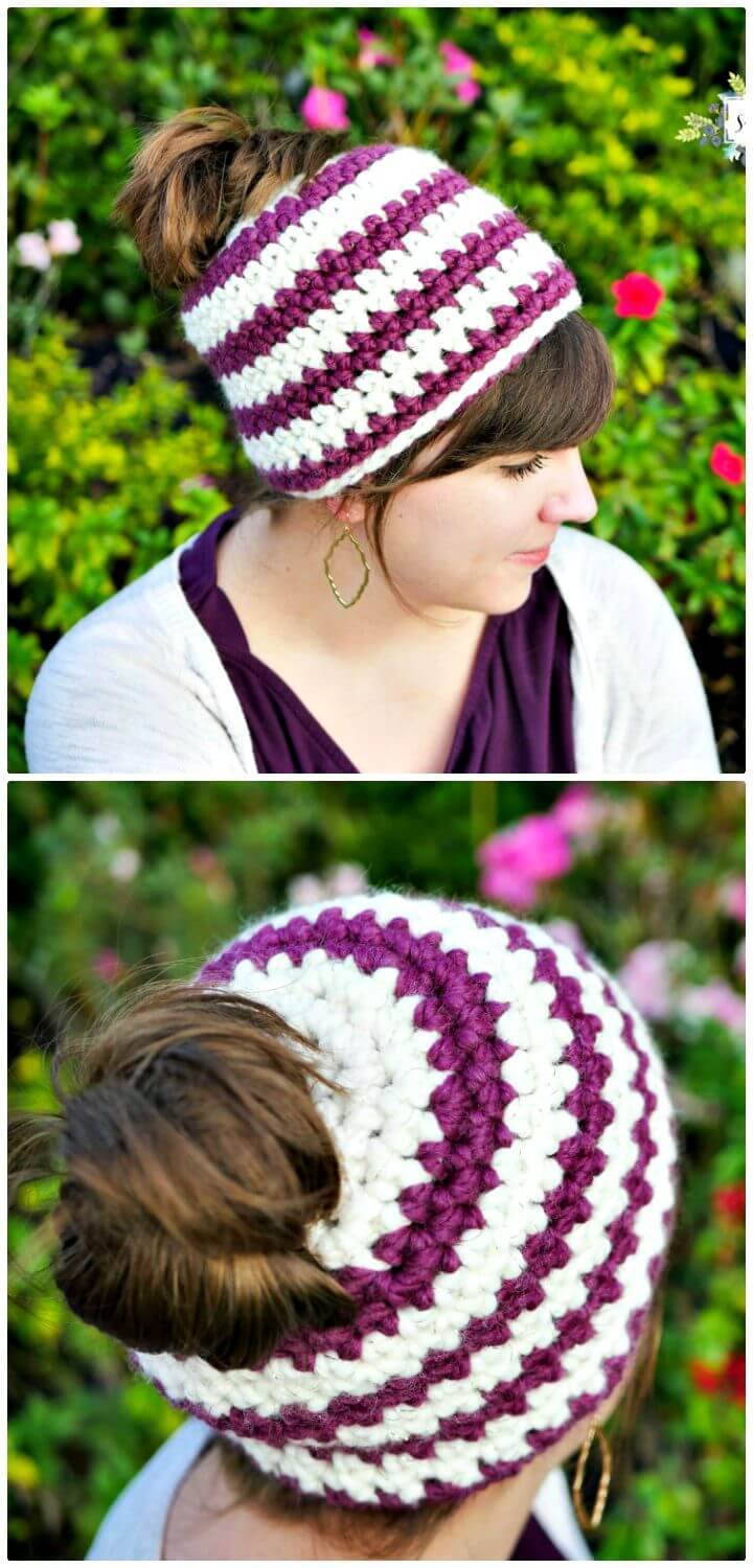 How To Free Crochet Messy Bun Beanie Hat Pattern