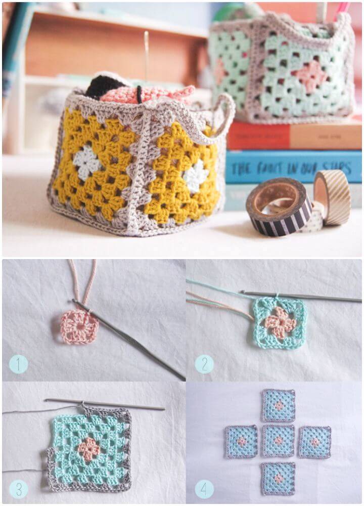 How To Free Crochet Mini Granny Square Baskets Pattern
