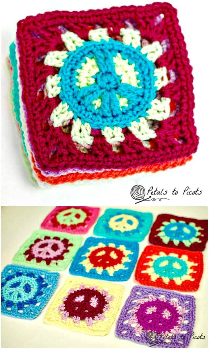Easy Free Crochet Peace Sign Granny Squares Pattern