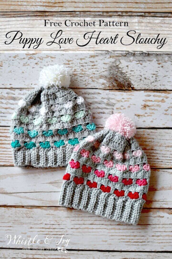 Easy Free Crochet Puppy Love Heart Slouchy Hat Pattern